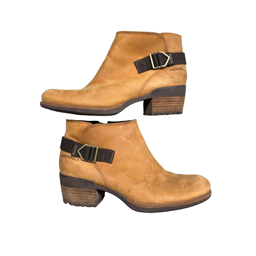 Merrell Womens J001724 Tan Leather Ankle Boots Side Zip Buckle Booties Size 7